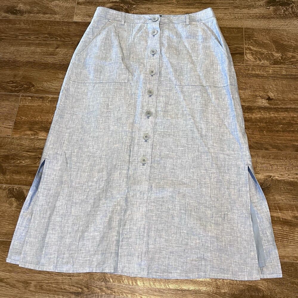 Talbots Linen Button Front Skirt Womens 10 Blue Long Pockets Classic Midi Lined